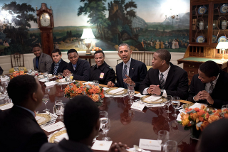 President Barack Obama breaks bread with My Brother’s Keeper mentees. Feb. 27, 2015White House Photo by Lawrence Jackson